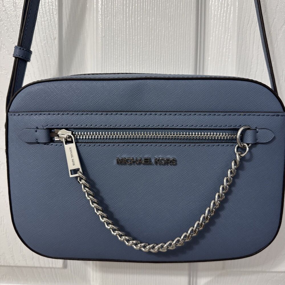 MICHAEL KORS womens JET SET Blue Pebbled LEATHER Crossbody w CHAIN handbag